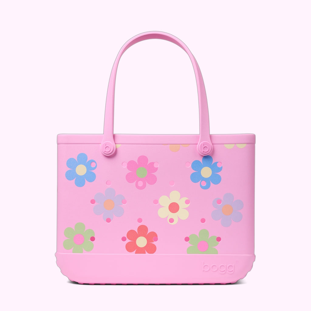Original Bogg Bag Happy Flowers Heavy Duty Rubber Beach Bag Tip Resistant Travel Friendly with Extra Storage Compartments for Beach Vacation Travel Organizer Vacation Essentials for Women