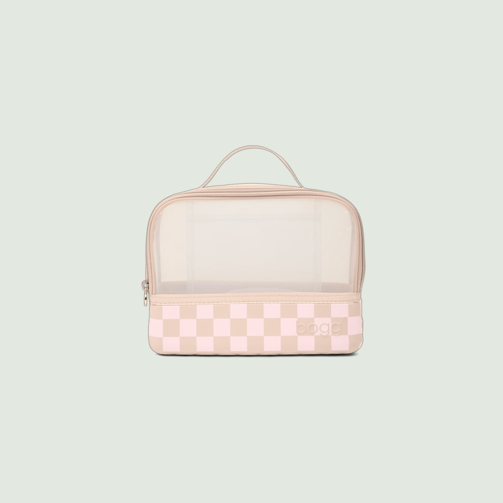 Boggs N' Ends Checkered Linen/ Pink Marshmallow Quick Dry Beach Storage Tote Durable Easy Clean with Non Slip Bottom for Water Sports Travel Organizer Vacation Essentials for Women