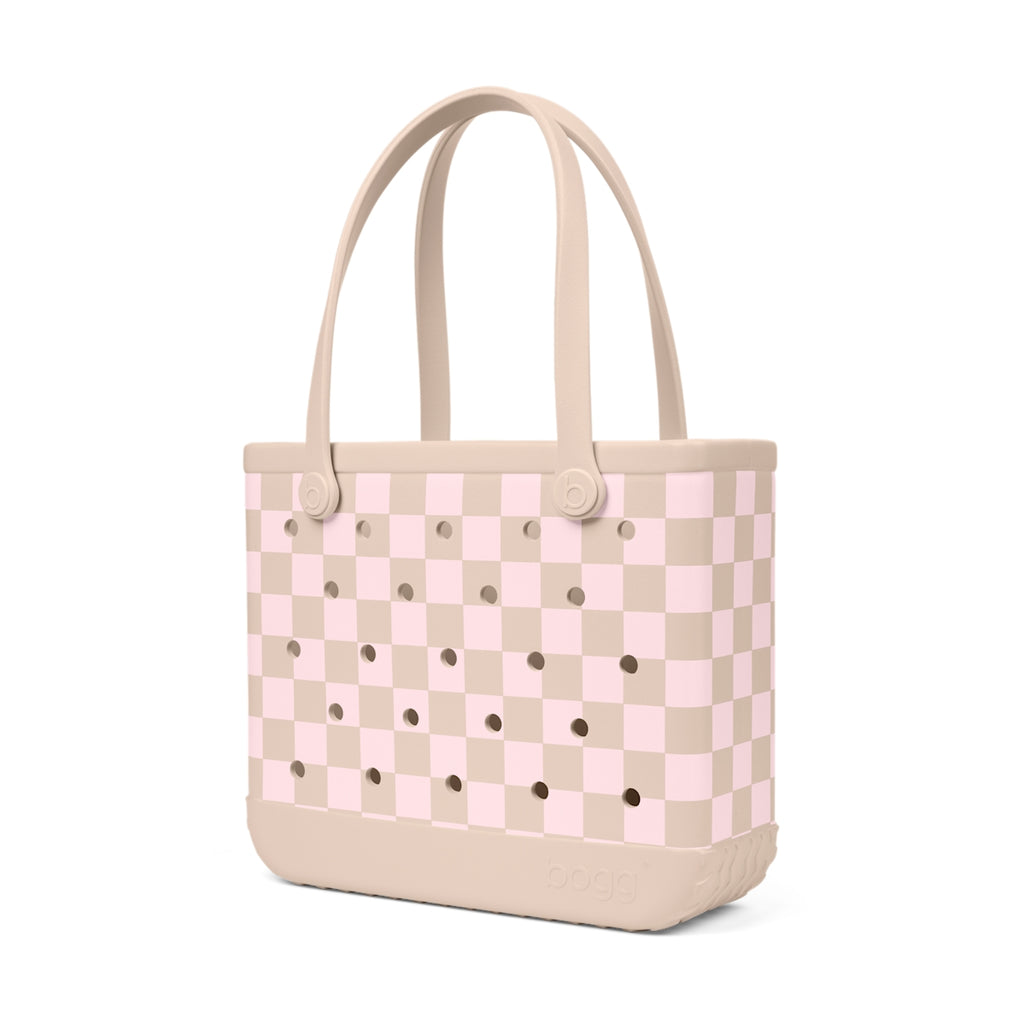 Baby Bogg Bag Checkered Linen/ Pink Marshmallow Family Fun Day Tote Premium Easy Clean Waterproof Phone Pouch Included for Outdoor Sports