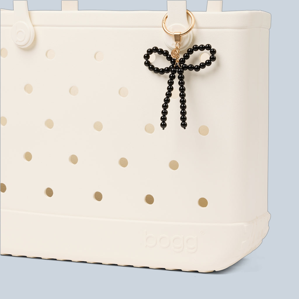 Bogg'd & Charmed Black Pearl Bow Large Capacity Beach Carryall Easy Clean Washable with Cosmetic Organizer for Water Sports Travel Organizer Vacation Essentials for Women