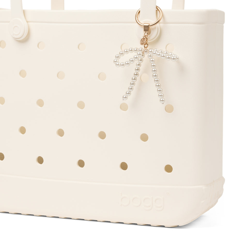 Bogg'd & Charmed White Pearl Bow Pool Party Storage Bag Functional Tip Resistant Bonus Cosmetic Bag Included for Pool Activities