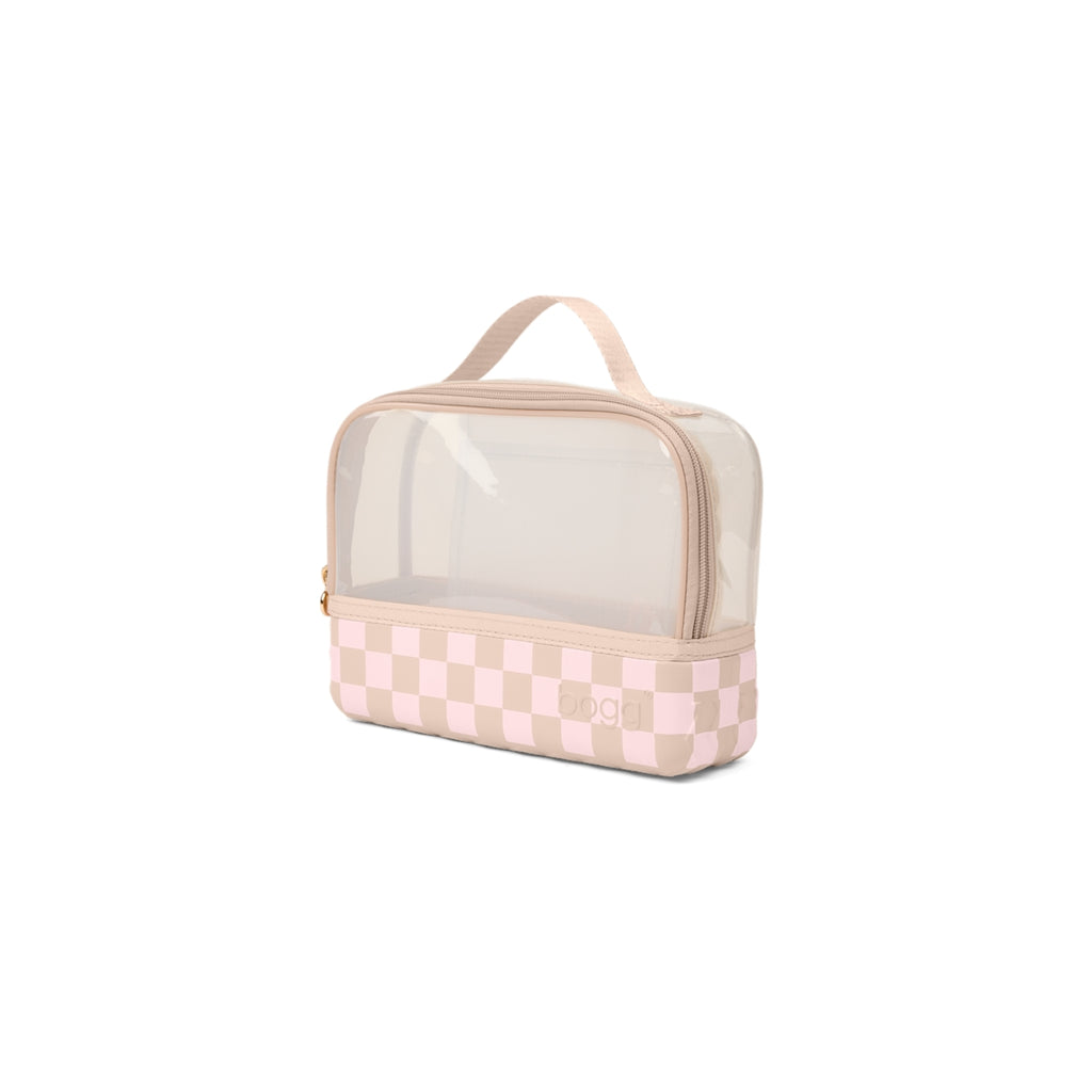 Boggs N' Ends Checkered Linen/ Pink Marshmallow Quick Dry Beach Storage Tote Durable Easy Clean with Non Slip Bottom for Water Sports Travel Organizer Vacation Essentials for Women